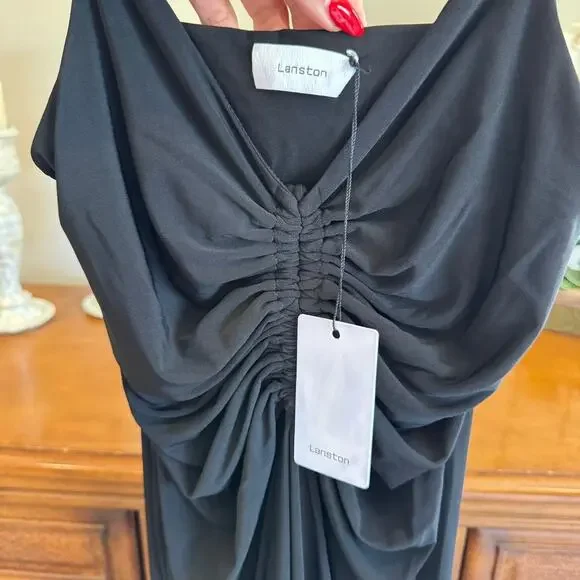 Lanston Black Ruched Midi Dress Double Strap Size S NWT - Picture 3 of 8